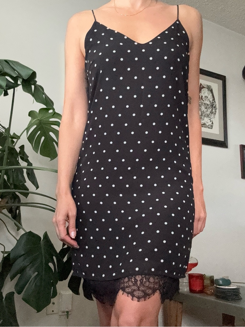 Black Polka Dot Slip Dress with Lace Trim